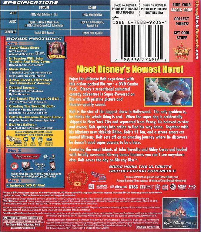 Disney Bolt 3 Disc Blu Ray Dvd Digital Copy With Slipcover Free